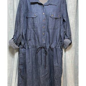 Chambray SHIRT DRESS CJ Banks PLUS 18W Smocked Elastic Denim Roll Tab